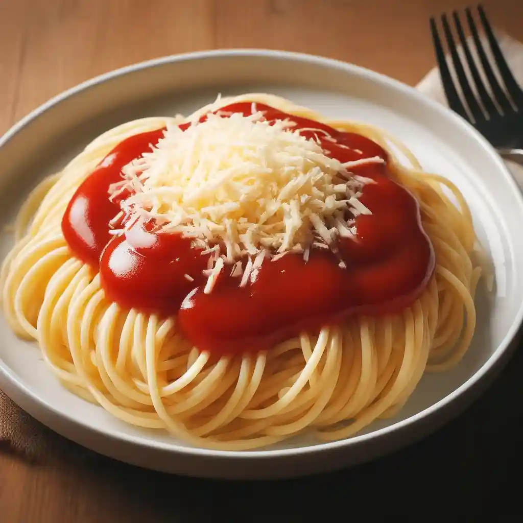 Spaghetti with ketchup and cheese